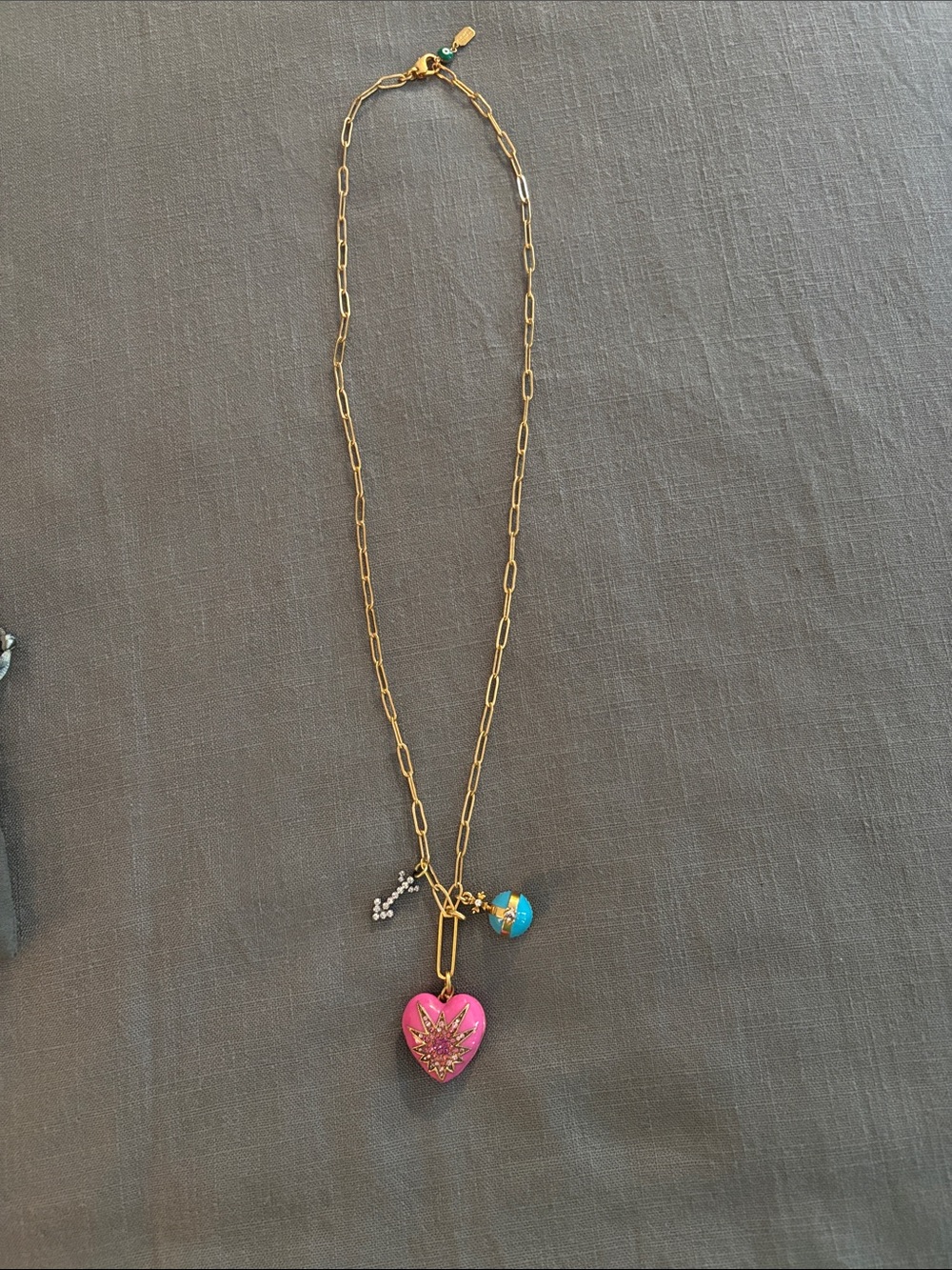 Gold Chain Necklace with Pink Heart and Turquoise Orb Charms - Picture 3 of 3